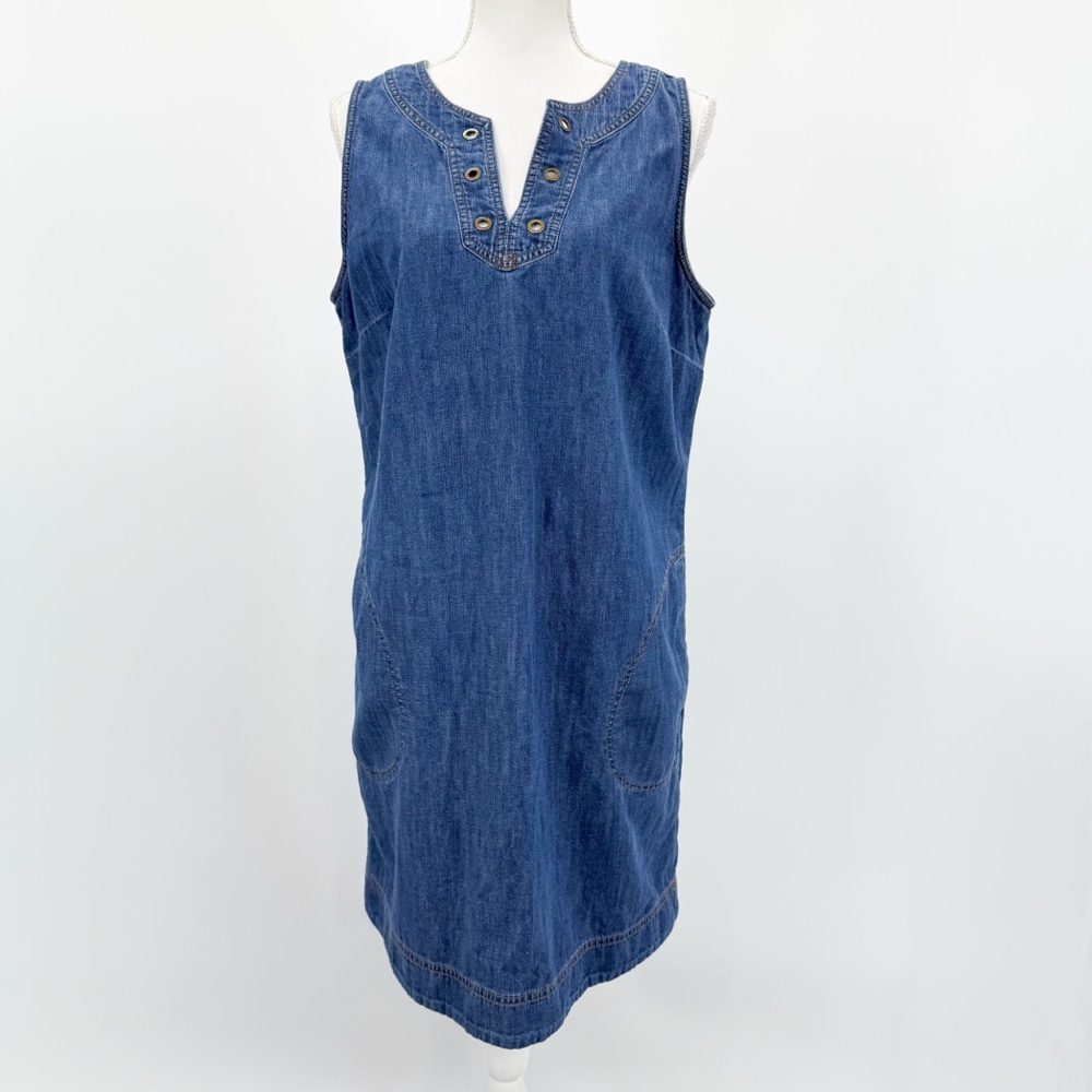Talbots Denim Shift Dress Blue Cotton Sleeveless Pockets Casual Midi 14